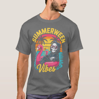 Camiseta Flamingo Esqueleto Festa de Verão Assustadora Prai