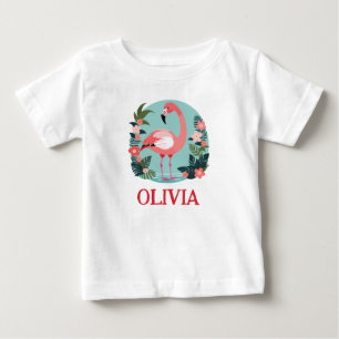 Camiseta Flamingo Floral Rosa Desenho Animado Fofo