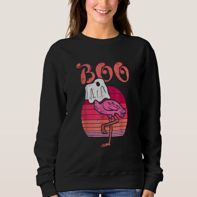 Camiseta Flamingo Ghost Boo Pink Sunset Retro Halloween Bir (Frente)