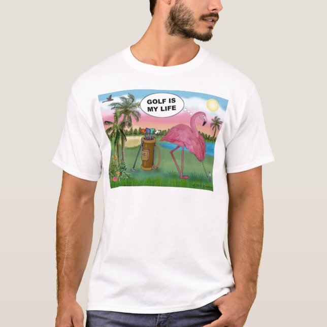 Camiseta Flamingo Golfista - Golfe é minha vida (Frente)