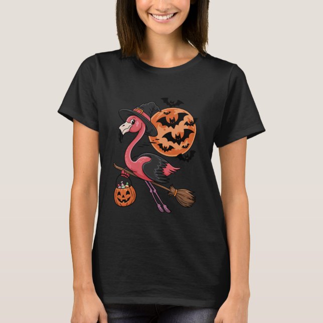 Camiseta Flamingo Halloween Witch Hat Jack-o-Lantern Candy  (Frente)