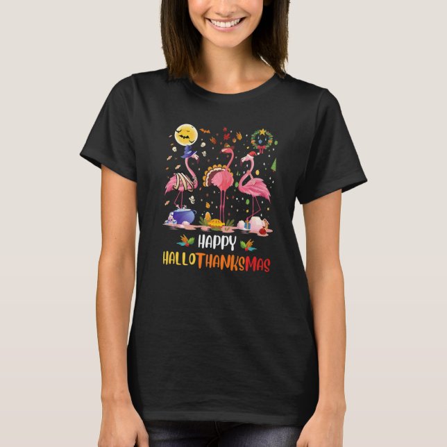 Camiseta Flamingo Happy Hallothanksmas Dia das Bruxas (Frente)