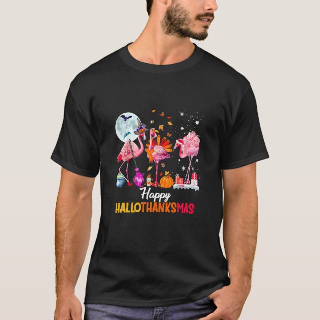 Camiseta Flamingo Happy Hallothanksmas Dia de as Bruxas eng (Frente)