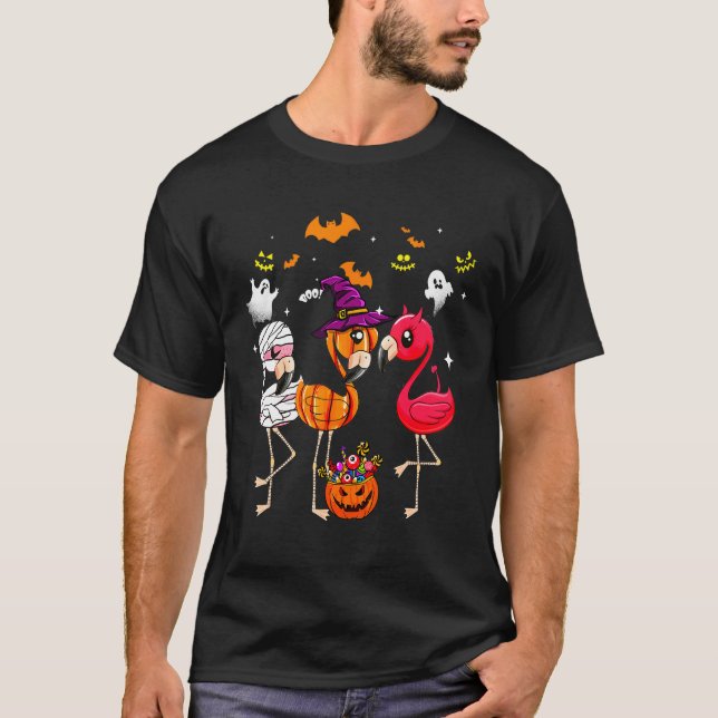 Camiseta Flamingo Happy Halloween Pumpkin Mummy Witmy (Frente)