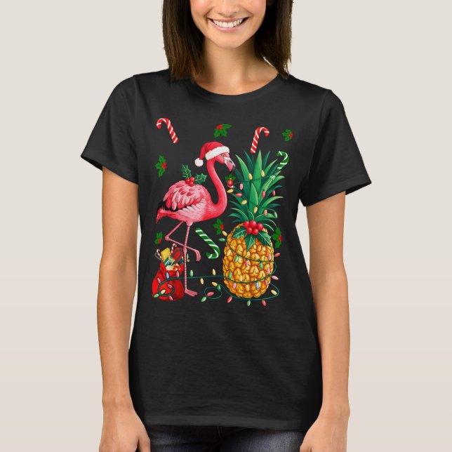Camiseta Flamingo Hawaiian Ne Christmas Lights Xmas  (Frente)