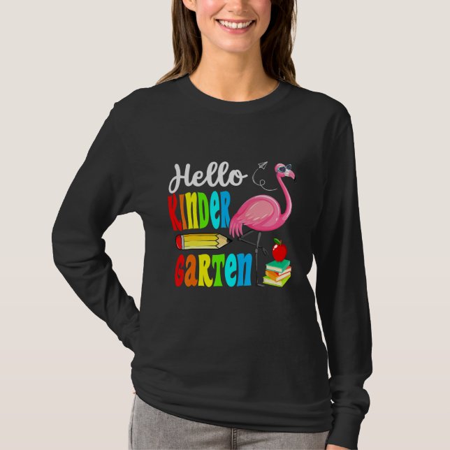 Camiseta Flamingo Hello Kindergarten Happy First Day Of Sch (Frente)