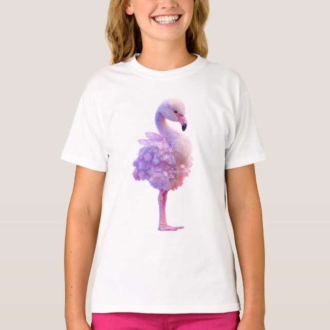 Camiseta Flamingo Infantil de Algodão Doce em Aquarela Past (Frente)