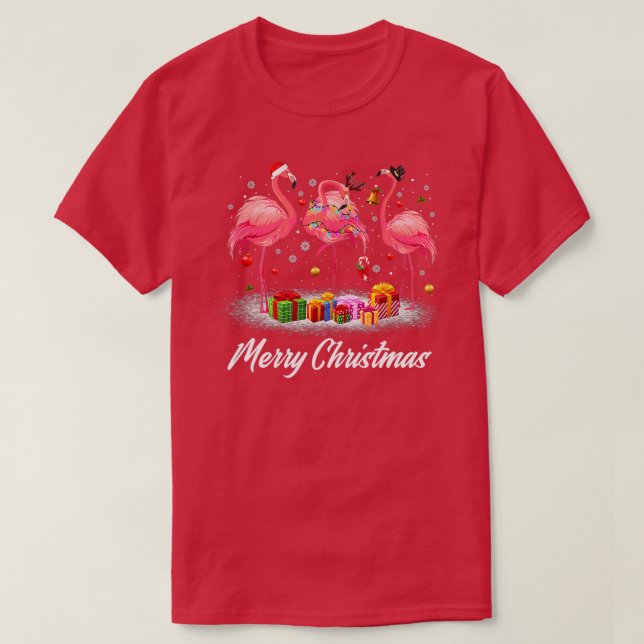 Camiseta Flamingo Lover Xmas Lighting Santa Hat Flamingo Ch (Frente do Design)