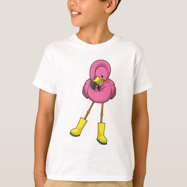Camiseta Flamingo na chuva com botas de borracha (Frente)