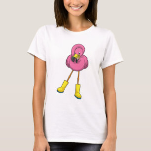 Camiseta Flamingo na chuva com botas de borracha