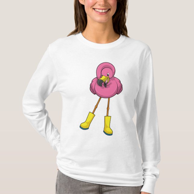 Camiseta Flamingo na chuva com botas de borracha (Frente)