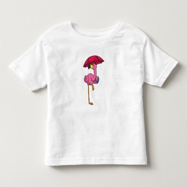 Camiseta Flamingo na chuva com guarda-chuva (Frente)