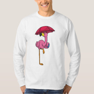 Camiseta Flamingo na chuva com guarda-chuva