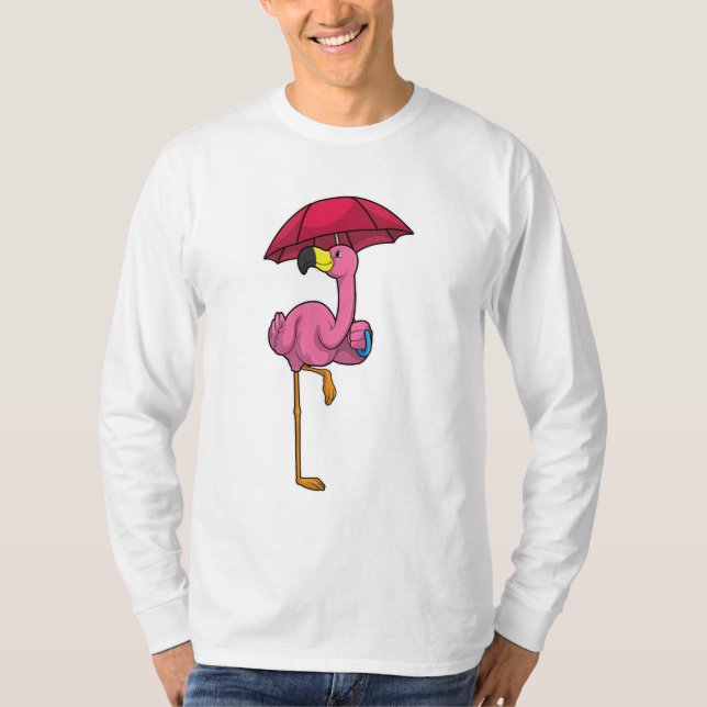 Camiseta Flamingo na chuva com guarda-chuva (Frente)
