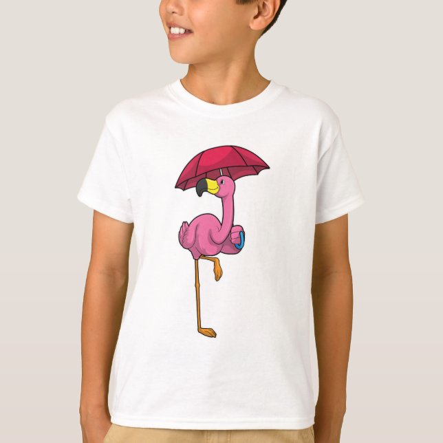Camiseta Flamingo na chuva com guarda-chuva (Frente)