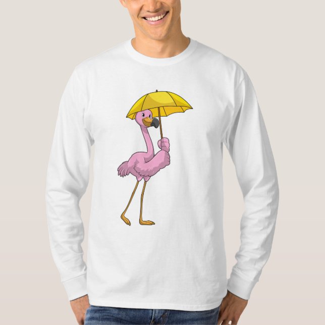Camiseta Flamingo na chuva com guarda-chuva (Frente)