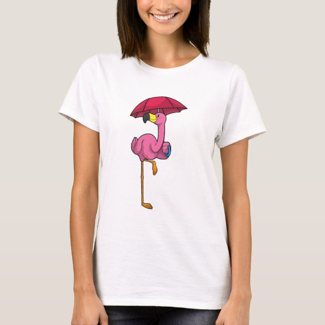 Camiseta Flamingo na chuva com guarda-chuva (Frente)