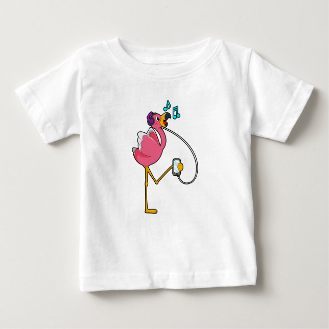 Camiseta Flamingo na Música com Fone de Ouvido (Frente)