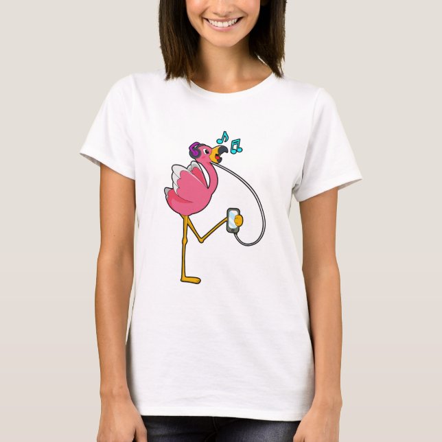Camiseta Flamingo na Música com Fone de Ouvido (Frente)