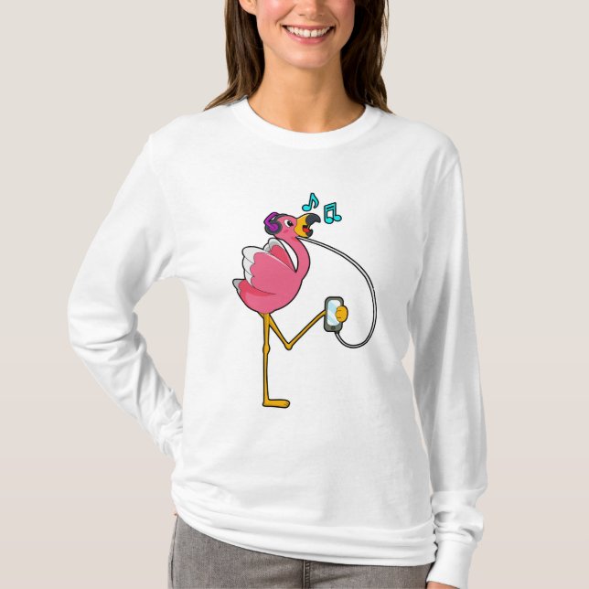 Camiseta Flamingo na Música com Fone de Ouvido (Frente)
