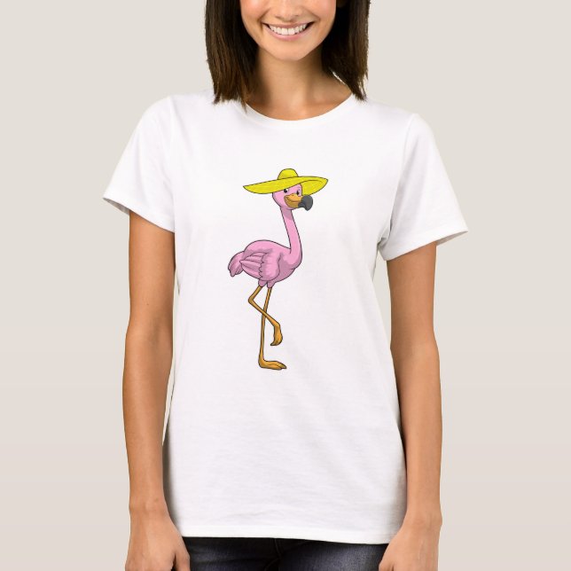Camiseta Flamingo na praia com chapéu (Frente)