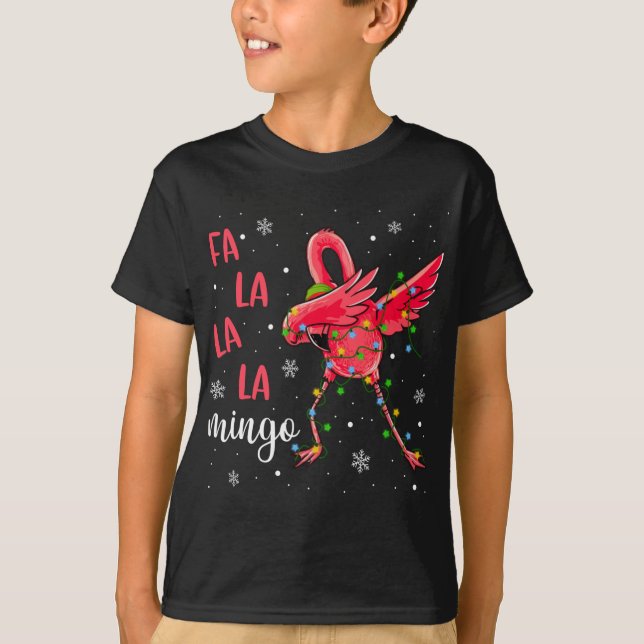 Camiseta Flamingo Natal Luz Engraçado Xmas Santa Hat Ani (Frente)