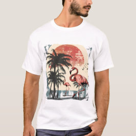 Camiseta Flamingo perambulando perto da costa de uma praia