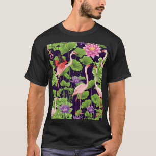 Camiseta Flamingo, plantas tropicais, fundo negro.