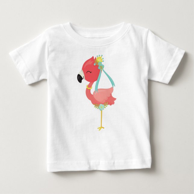 Camiseta Flamingo Princesa, Coroa, Flores, Flamingo Fofo (Frente)