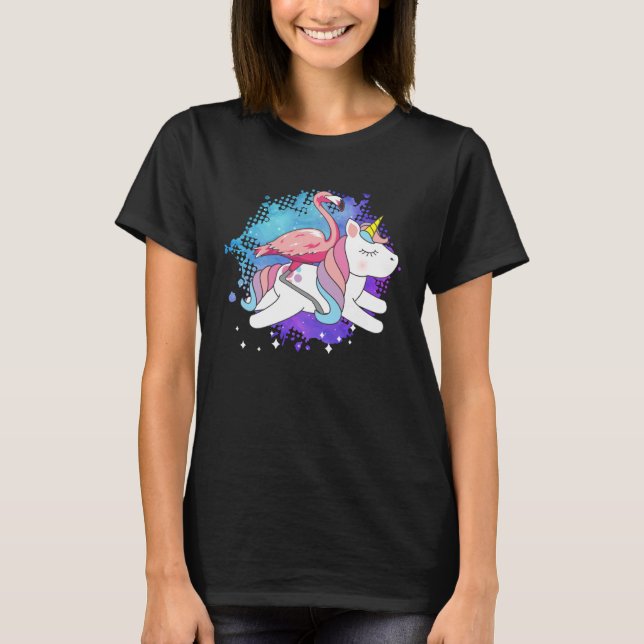 Camiseta Flamingo Riding A Unicorn Flamingo Bird (Frente)
