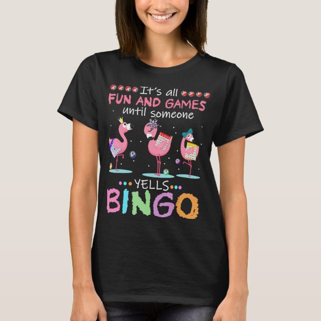 Camiseta Flamingo Rosa Bingo Engraçado Arte de Presente (Frente)