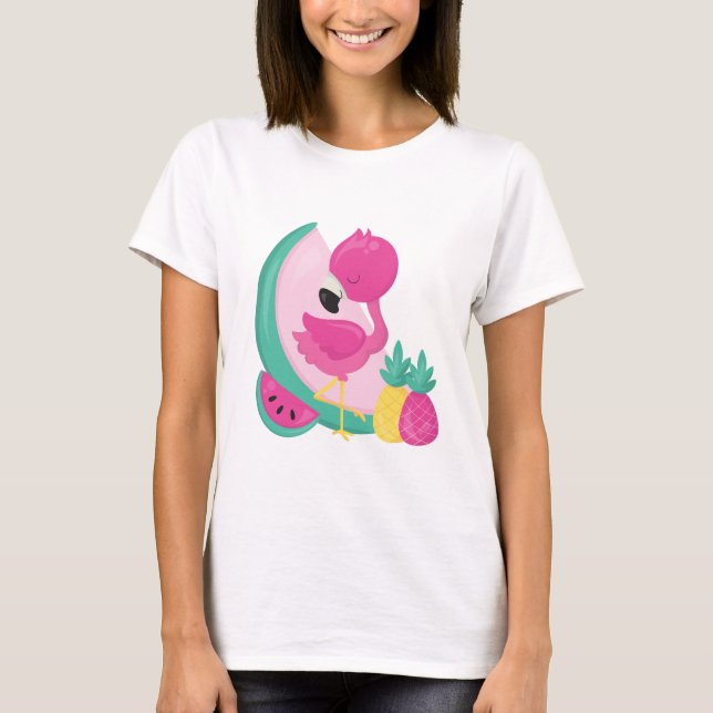 Camiseta Flamingo rosa com melancia e abacaxi (Frente)