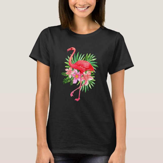 Camiseta Flamingo Rosa Em Flores Tropicais Foilage Flamingo (Frente)