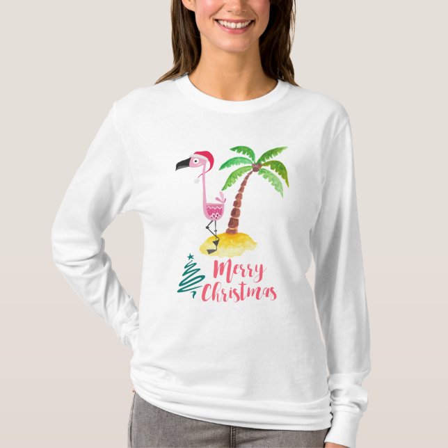 Camiseta Flamingo Rosa Em Um Natal Tropical (Frente)