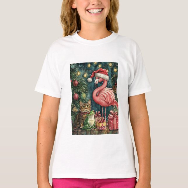 Camiseta Flamingo Rosa Gato e Sapo Natal Tropical (Frente)