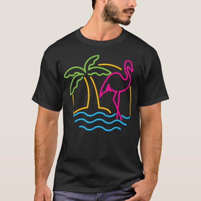 Camiseta Flamingo Rosa Neon Pink, Retrô Miami, 80S (Frente)