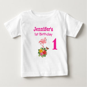 Camiseta Flamingo Rosa primeiro aniversario e Hibisco Tropi