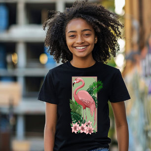 Camiseta Flamingo Rosa Tropical Folhas de Palma Verde Lírio