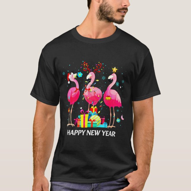 Camiseta Flamingo Santa Hat Happy New Year Light Long Sleev (Frente)