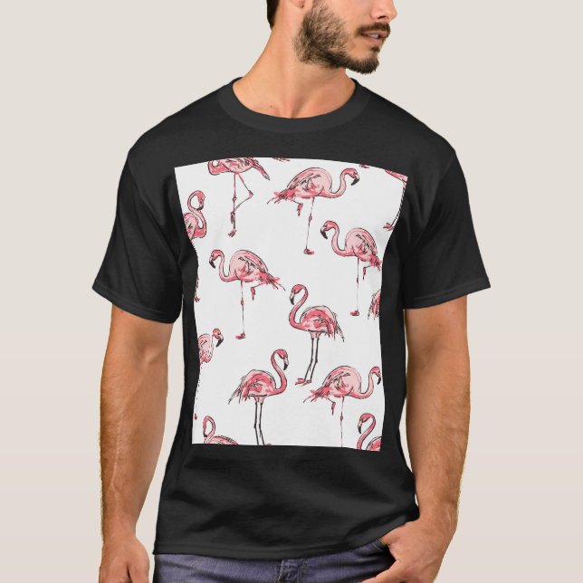 Camiseta Flamingo Sketch: Padrão de Vintagem Tropical. (Frente)