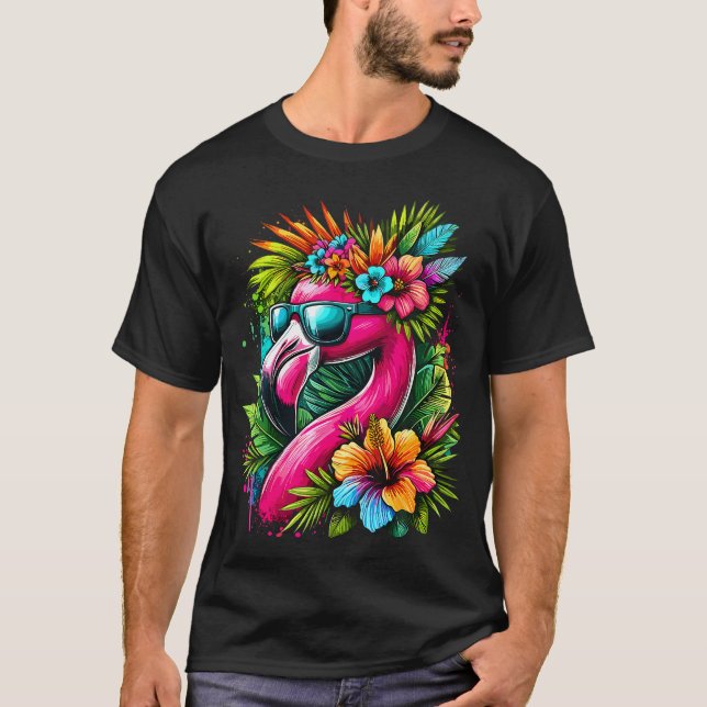 Camiseta Flamingo Tropical Com Flores Verão Praia (Frente)