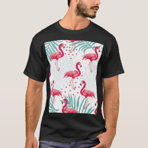 Camiseta Flamingo tropical e folhas, padrão de verão.