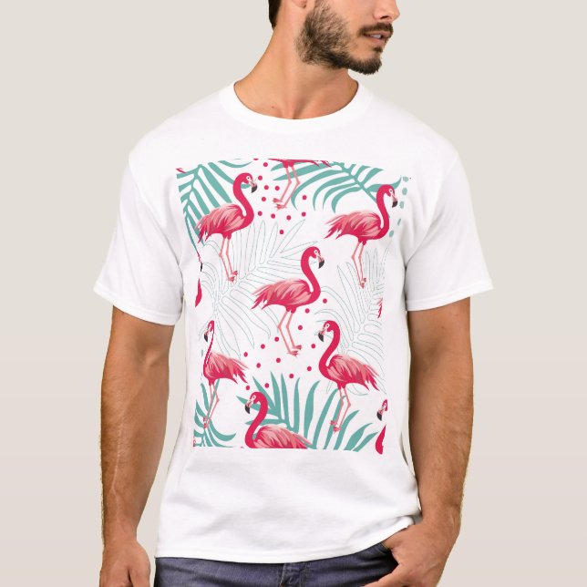 Camiseta Flamingo tropical e folhas, padrão de verão. (Frente)