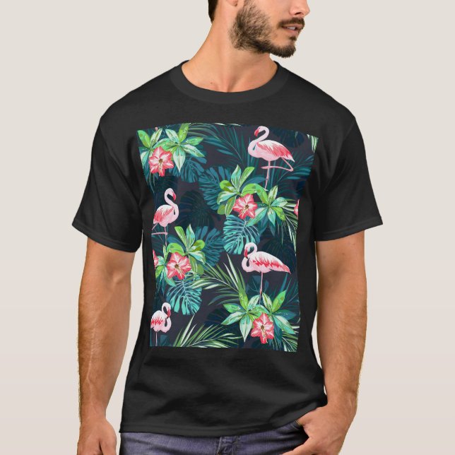 Camiseta Flamingo Tropical: Padrão de Flores de Verão (Frente)