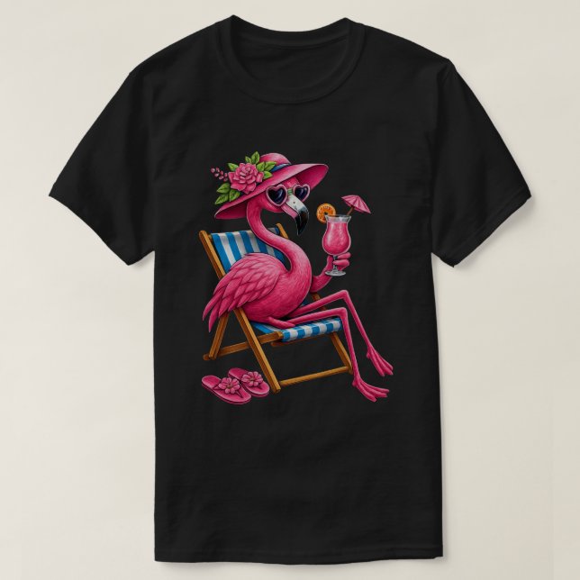 Camiseta Flamingo Tropical Relaxando em Cadeira de Praia (Frente do Design)