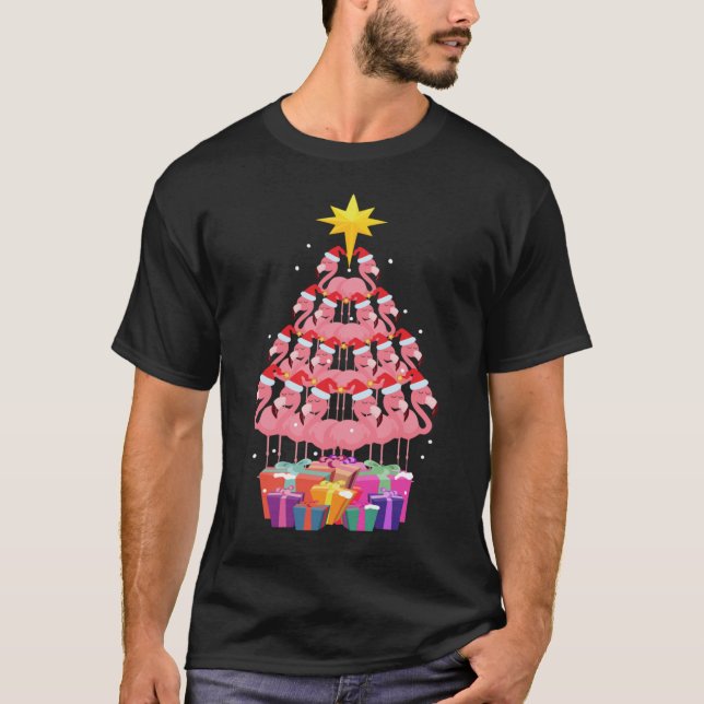 Camiseta Flamingo Ugly Christmas Tree Engraçado Gift (Frente)