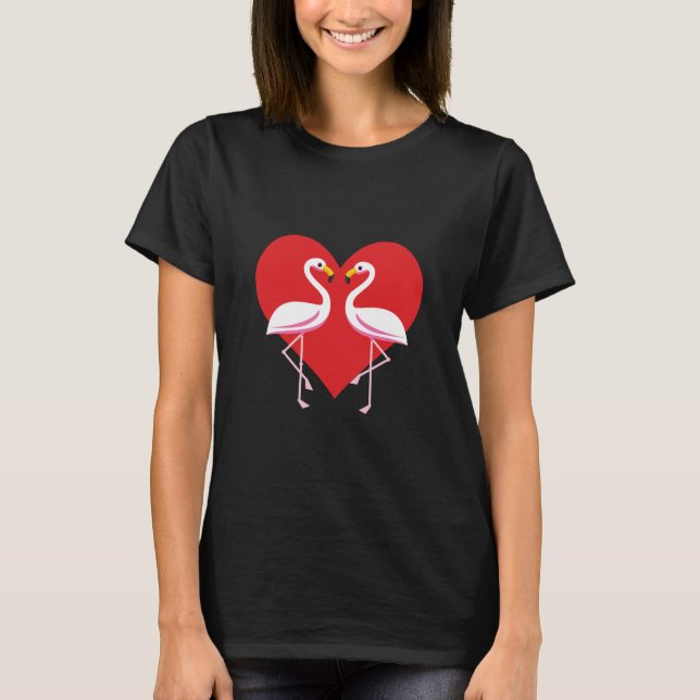 Camiseta Flamingos Cor-de-rosa branco-claro com coração ver (Frente)