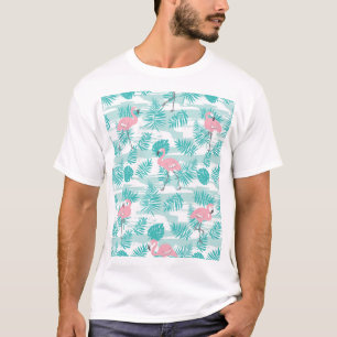 Camiseta flamingos cor-de-rosa, palmeiras verdes, tropicais