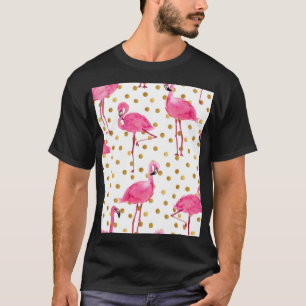 Camiseta flamingos cor-de-rosa, pontos ouros, aquarela.
