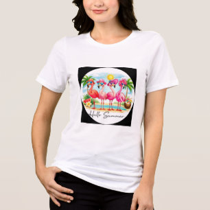Camiseta Flamingos Fofos na Praia Olá Verão Arte